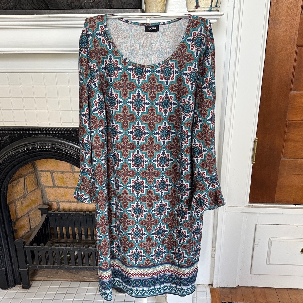 Tacera Plus Size Blue and Brown Geometric‎ Long Sleeve Dress- worn once